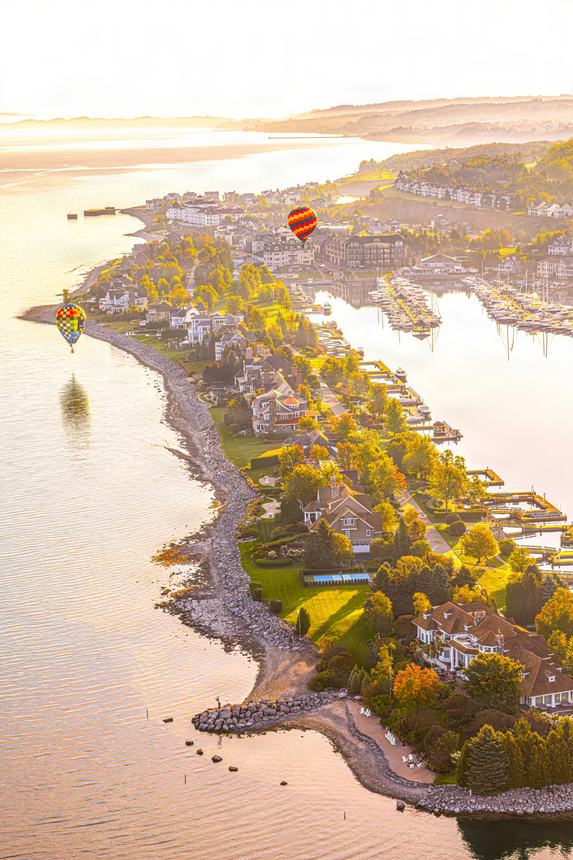 Aerial along the Bay Harbor shoreline into a low sun, two hot air balloons small in the distance above the water